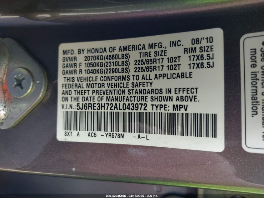 2010 Honda Cr-V Ex-L VIN: 5J6RE3H72AL043972 Lot: 42035466