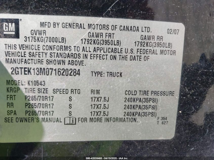2007 GMC Sierra 1500 Sle1 VIN: 2GTEK13M071620284 Lot: 42035468