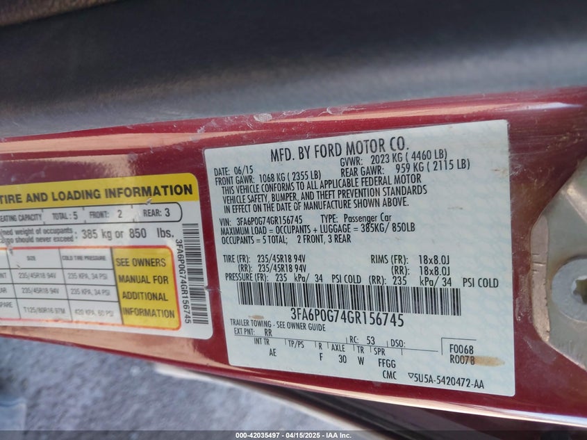 2016 FORD FUSION VIN: 3FA6P0G74GR156745