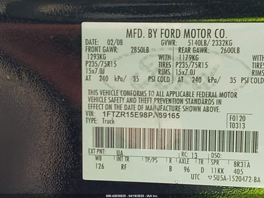 2008 FORD RANGER VIN: 1FTZR15E98PA69165