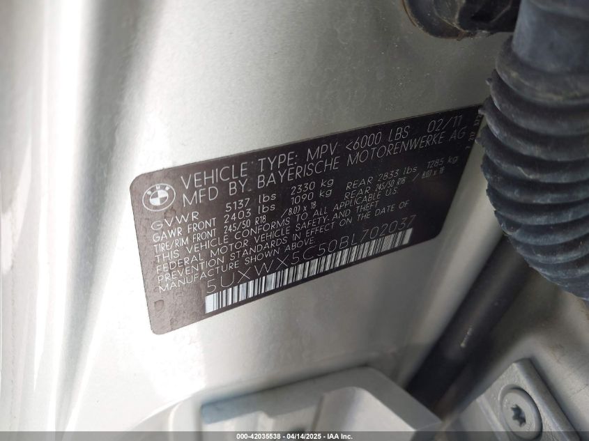 2011 BMW X3 xDrive28I VIN: 5UXWX5C50BL702037 Lot: 42035538