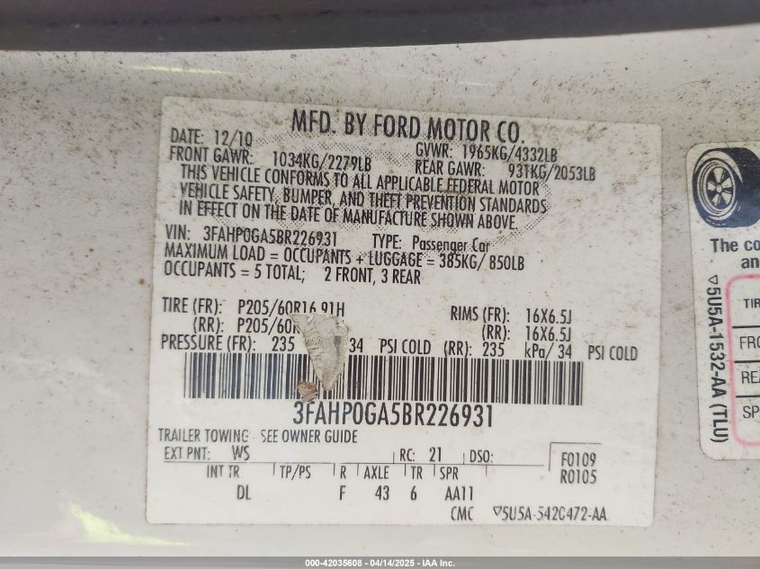 2011 Ford Fusion S VIN: 3FAHP0GA5BR226931 Lot: 42035608