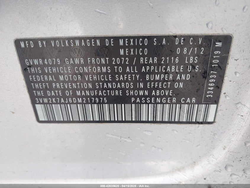 2013 VOLKSWAGEN JETTA 2.0L S - 3VW2K7AJ6DM217975