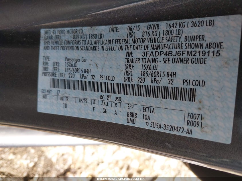 2015 FORD FIESTA VIN: 3FADP4BJ6FM219115
