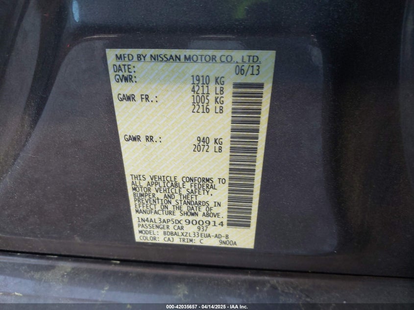 2013 NISSAN ALTIMA VIN: 1N4AL3AP5DC900914