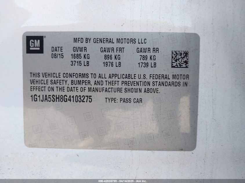 2016 Chevrolet Sonic Ls Auto VIN: 1G1JA5SH8G4103275 Lot: 42035759