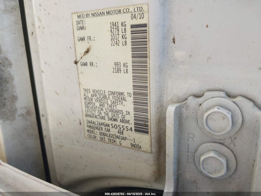 2010 NISSAN ALTIMA VIN: 1N4AL2AP6AN505554