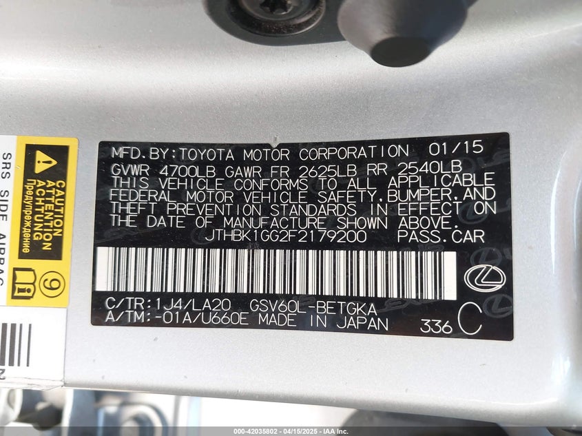 2015 LEXUS ES 350 - JTHBK1GG2F2179200