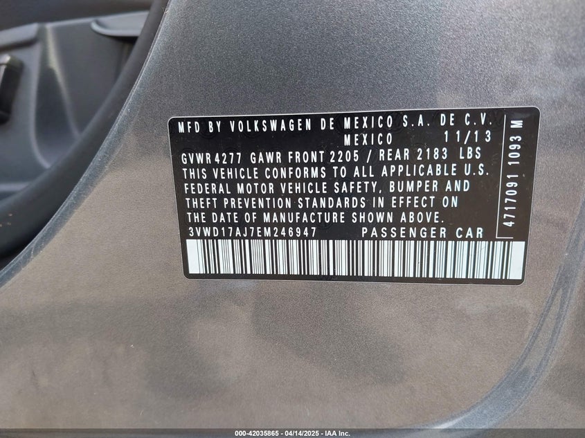 2014 VOLKSWAGEN JETTA VIN: 3VWD17AJ7EM246947