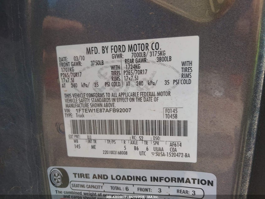 2010 FORD F150 VIN: 1FTEW1E87AFB92007