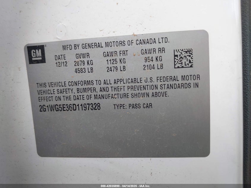 2013 CHEVROLET IMPALA VIN: 2G1WG5E36D1197328