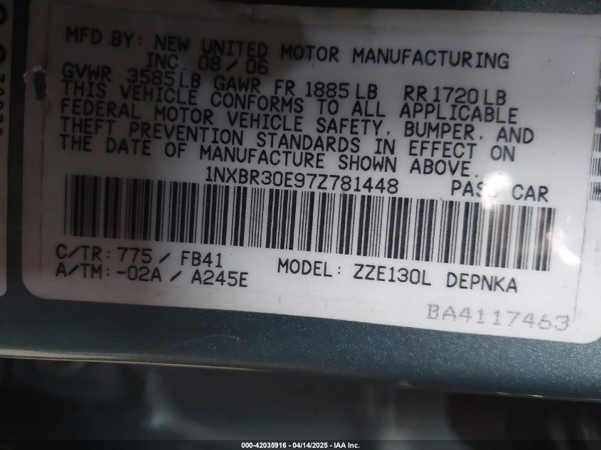 2007 Toyota Corolla Le VIN: 1NXBR30E97Z781448 Lot: 42035916