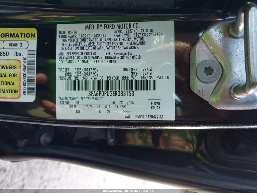 2014 FORD FUSION ENERGI VIN: 3FA6P0PU3ER383153