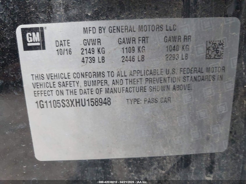 2017 CHEVROLET IMPALA VIN: 1G1105S3XHU158948