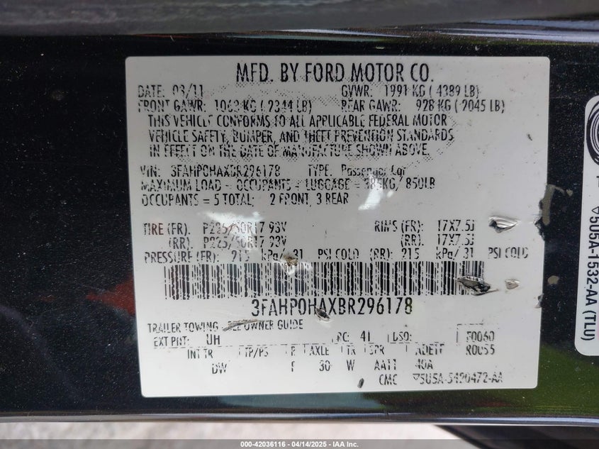 2011 FORD FUSION VIN: 3FAHP0HAXBR296178