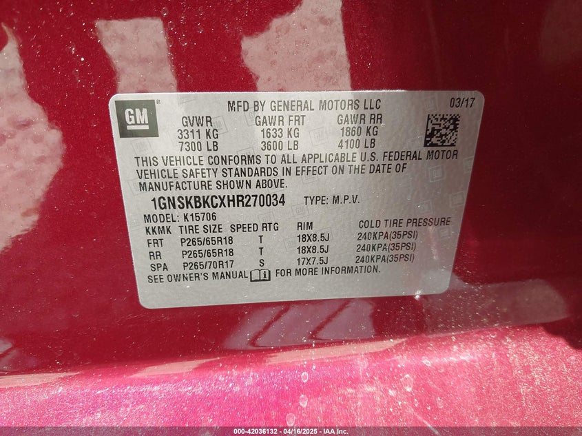 2017 CHEVROLET TAHOE LT - 1GNSKBKCXHR270034