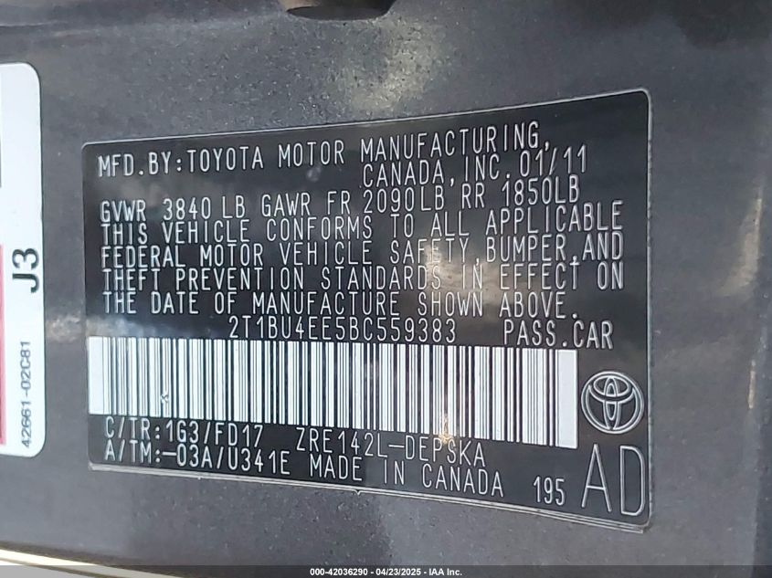 2011 Toyota Corolla S VIN: 2T1BU4EE5BC559383 Lot: 42036290