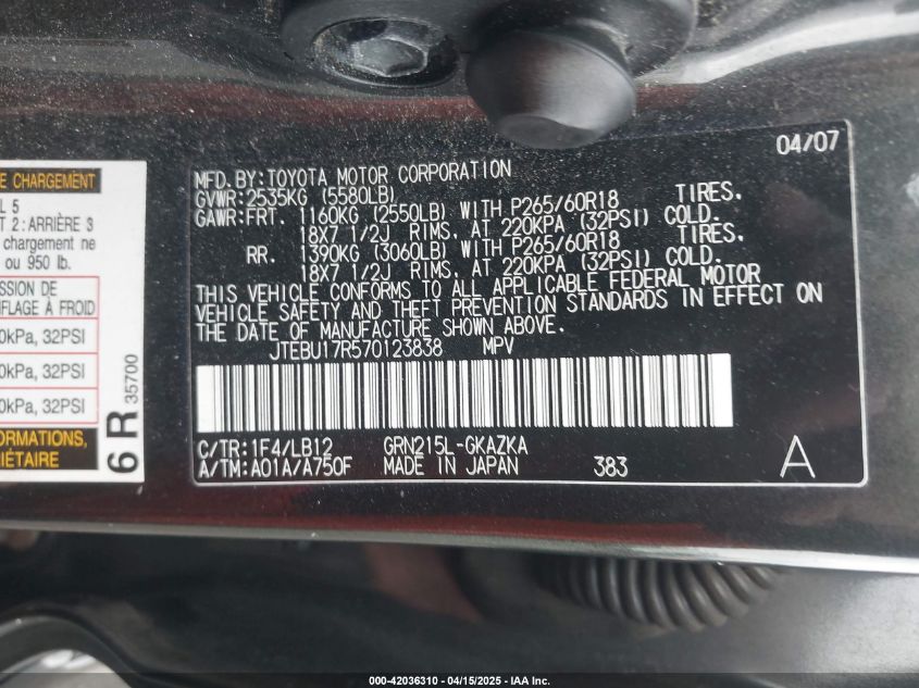 2007 Toyota 4Runner Limited V6 VIN: JTEBU17R570123838 Lot: 42036310