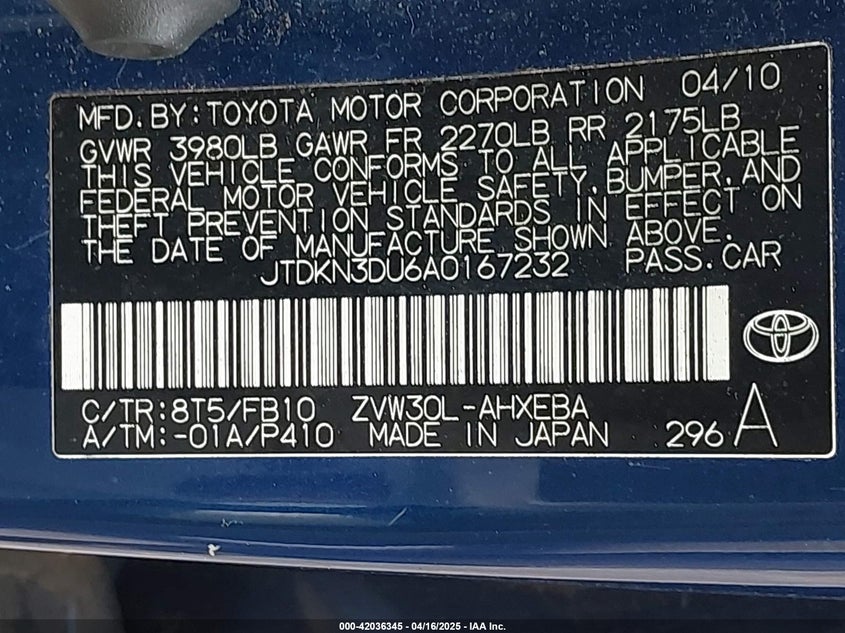 2010 TOYOTA PRIUS VIN: JTDKN3DU6A0167232