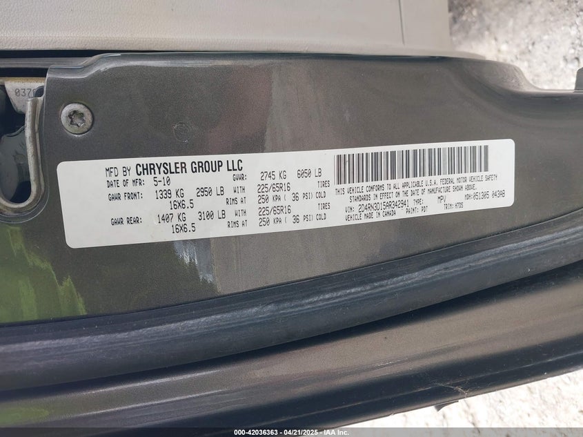 2010 DODGE GRAND CARAVAN VIN: 2D4RN3D15AR342941
