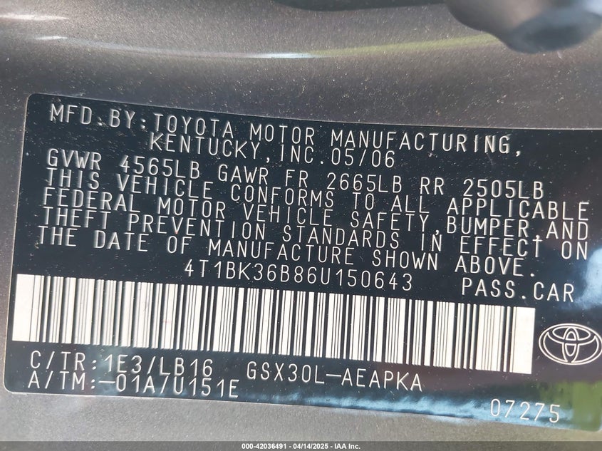 2006 TOYOTA AVALON VIN: 4T1BK36B86U150643