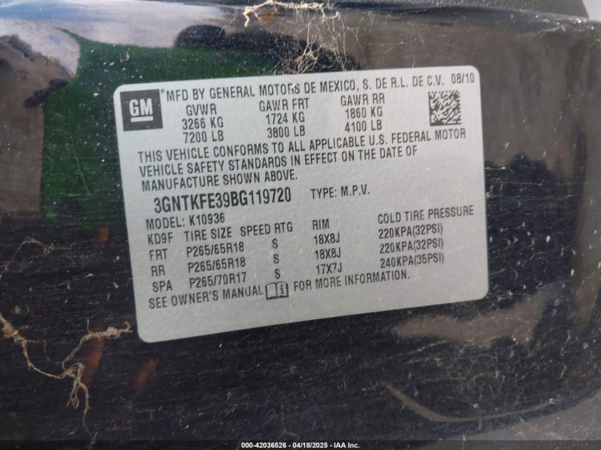 2011 CHEVROLET AVALANCHE 1500 VIN: 3GNTKFE39BG119720