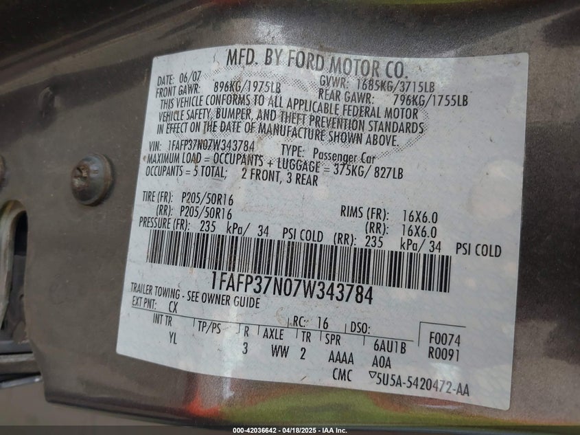 2007 FORD FOCUS VIN: 1FAFP37N07W343784