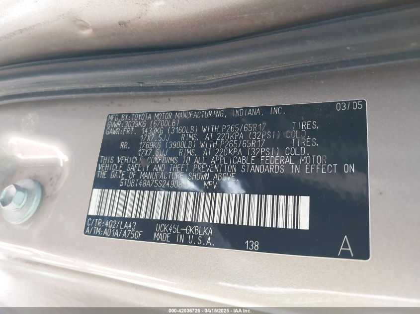 2005 Toyota Sequoia Limited V8 VIN: 5TDBT48A75S249081 Lot: 42036726