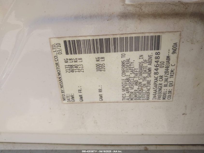 2010 Nissan Maxima 3.5 Sv VIN: 1N4AA5APXAC846488 Lot: 42036731