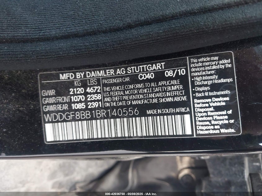 2011 MERCEDES-BENZ C 300 VIN: WDDGF8BB1BR140556