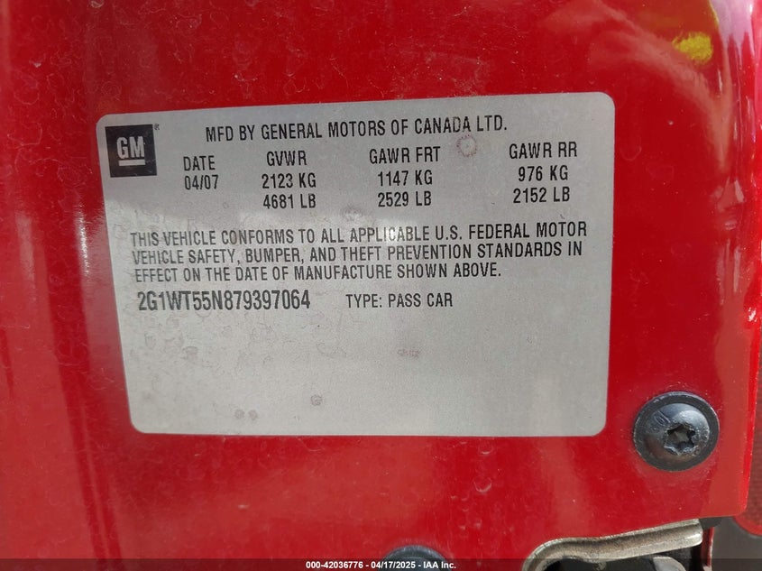 2007 CHEVROLET IMPALA VIN: 2G1WT55N879397064