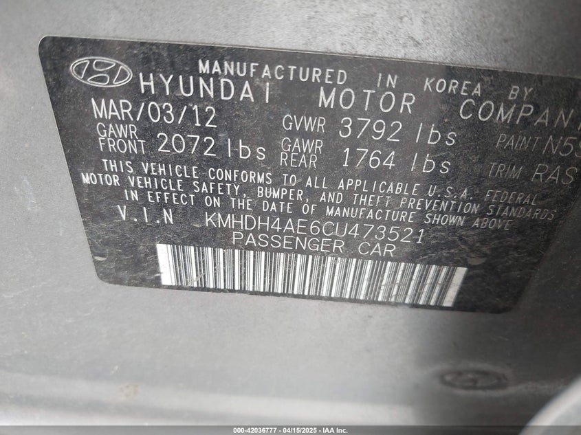 2012 HYUNDAI ELANTRA VIN: KMHDH4AE6CU473521