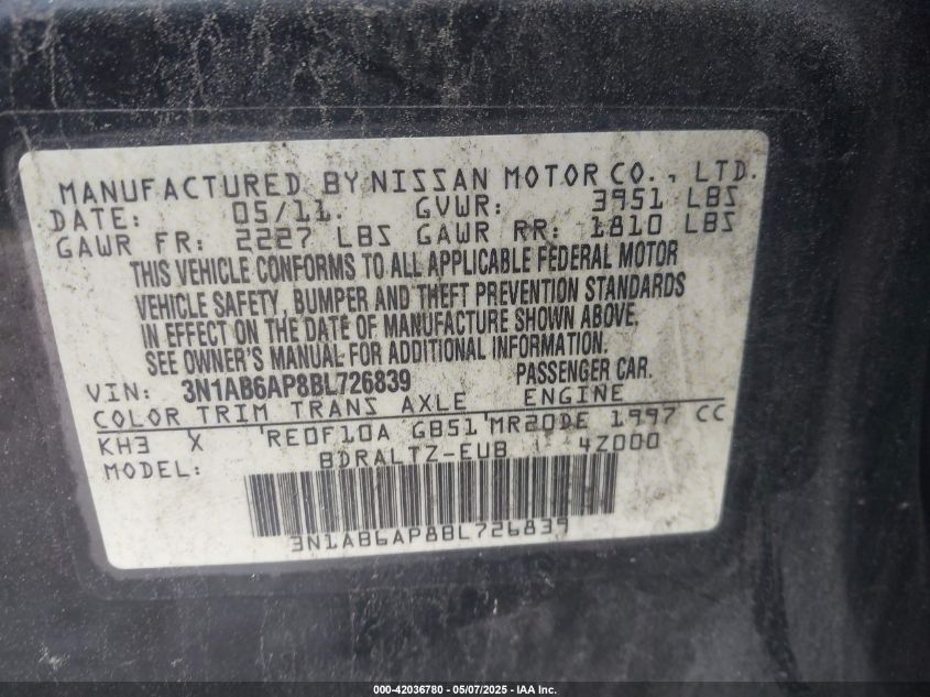 2011 Nissan Sentra 2.0Sr VIN: 3N1AB6AP8BL726839 Lot: 42036780