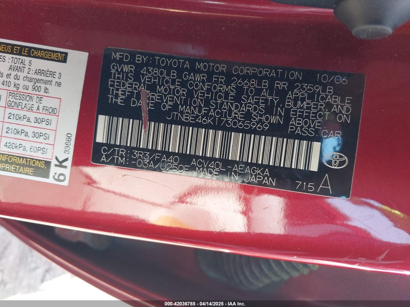 2007 TOYOTA CAMRY VIN: JTNBE46K173065969
