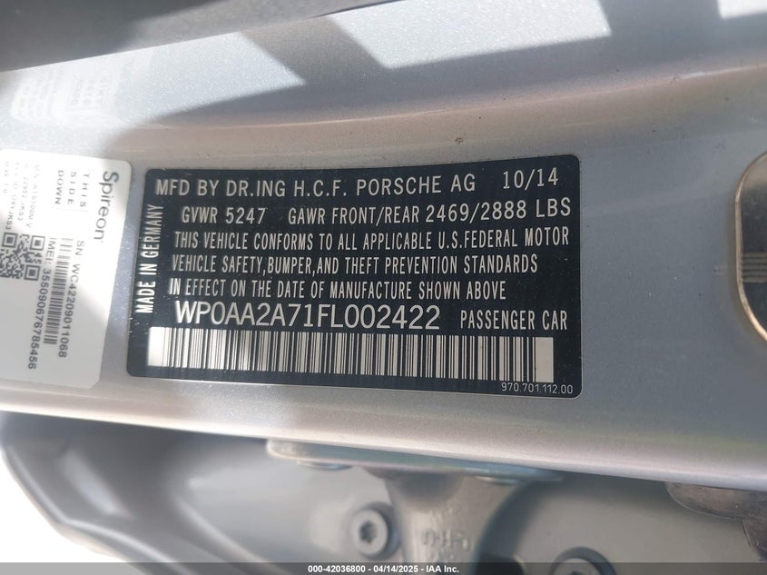 2015 PORSCHE PANAMERA VIN: WP0AA2A71FL002422