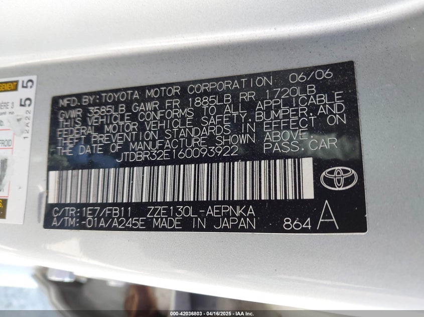 2006 TOYOTA COROLLA VIN: JTDBR32E160093922