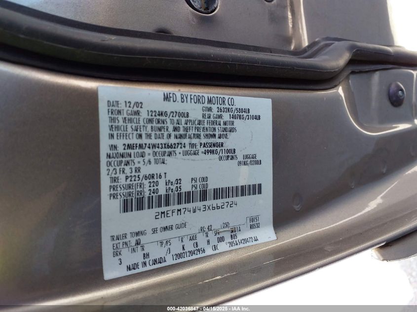 2003 Mercury Grand Marquis Gs VIN: 2MEFM74W43X662724 Lot: 42036847