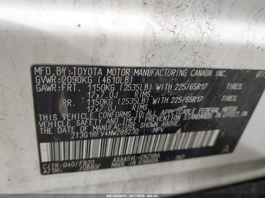 VIN 2T3G1RFV4NW289230 2022 TOYOTA RAV4 LE
