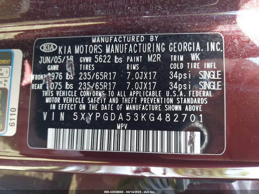 2019 KIA SORENTO VIN: 5XYPGDA53KG482701