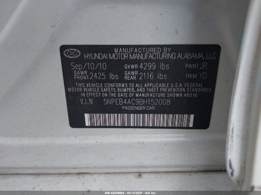 2011 Hyundai Sonata Gls VIN: 5NPEB4AC9BH152008 Lot: 42036964