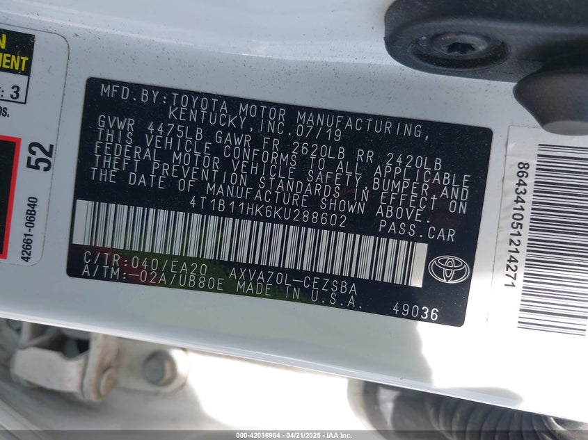 2019 TOYOTA CAMRY VIN: 4T1B11HK6KU288602