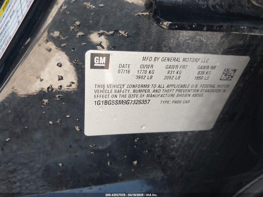 2016 CHEVROLET CRUZE VIN: 1G1BG5SM9G7326357