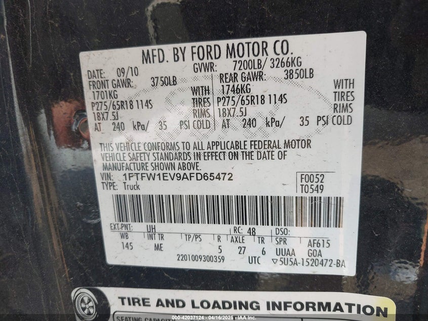 2010 FORD F-150 VIN: 1FTFW1EV9AFD65472