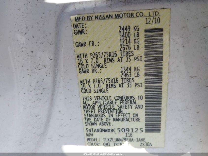 2011 Nissan Xterra Pro-4X VIN: 5N1AN0NWXBC509125 Lot: 42037142