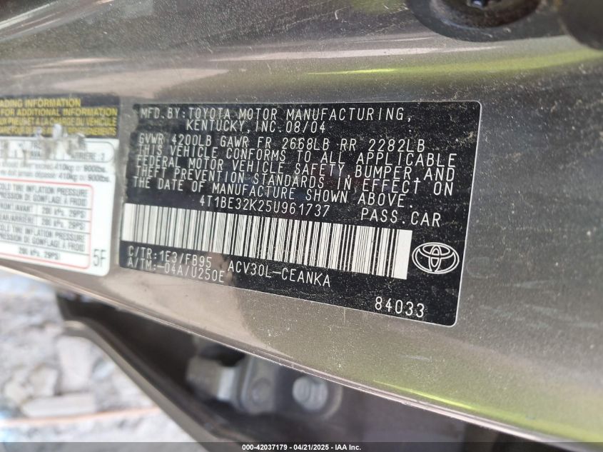 2005 Toyota Camry Le VIN: 4T1BE32K25U961737 Lot: 42037179