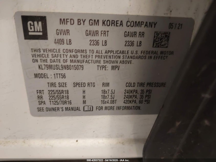 2022 CHEVROLET TRAILBLAZER VIN: KL79MUSL9NB015079
