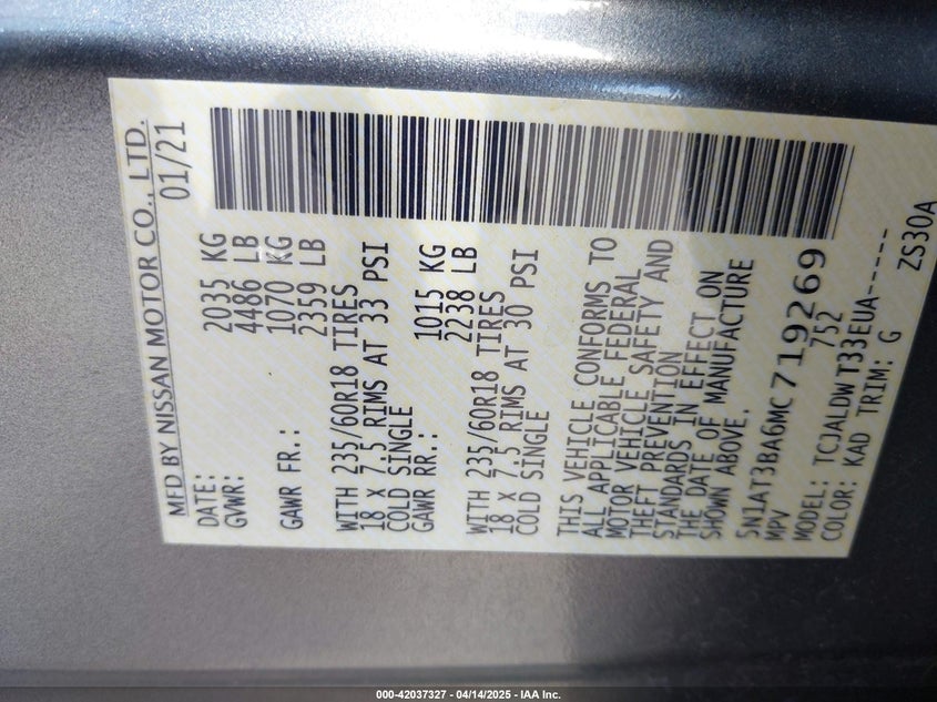 VIN 5N1AT3BA6MC719269 2021 NISSAN ROGUE SV FWD