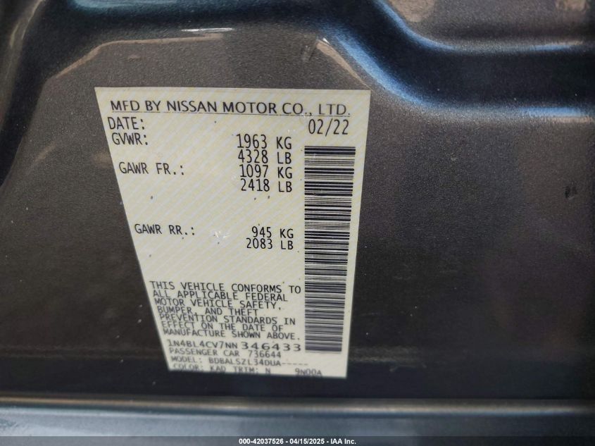 2022 Nissan Altima Sr Fwd VIN: 1N4BL4CV7NN346433 Lot: 42037526