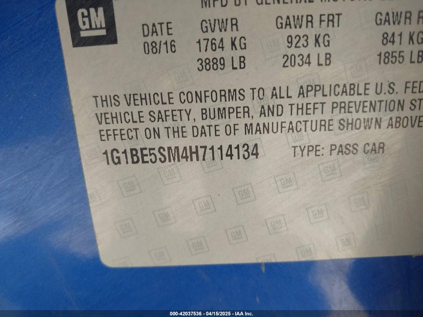 2017 CHEVROLET CRUZE VIN: 1G1BE5SM4H7114134