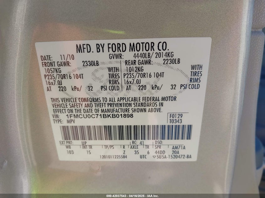 2011 FORD ESCAPE VIN: 1FMCU0C71BKB01898